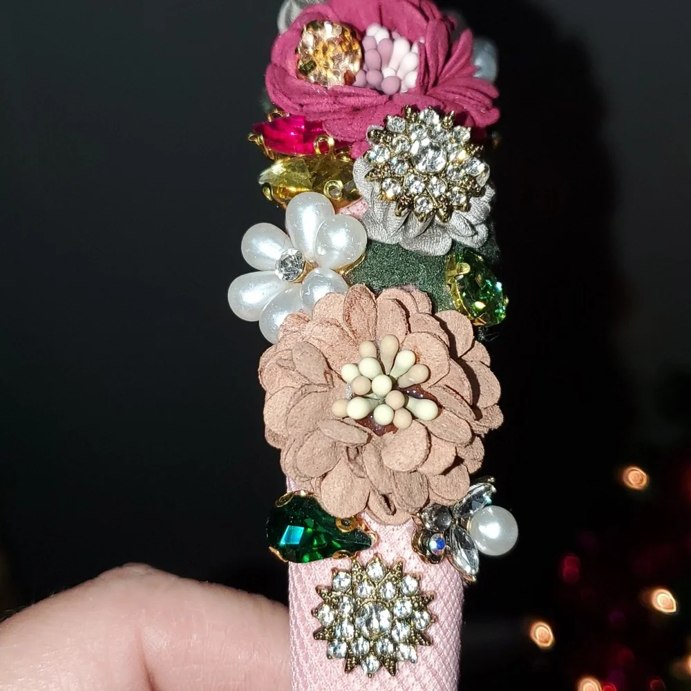 New handmade boutique luxury rhinestone floral fancy mid-wide flexible headband - Picture 5 of 8